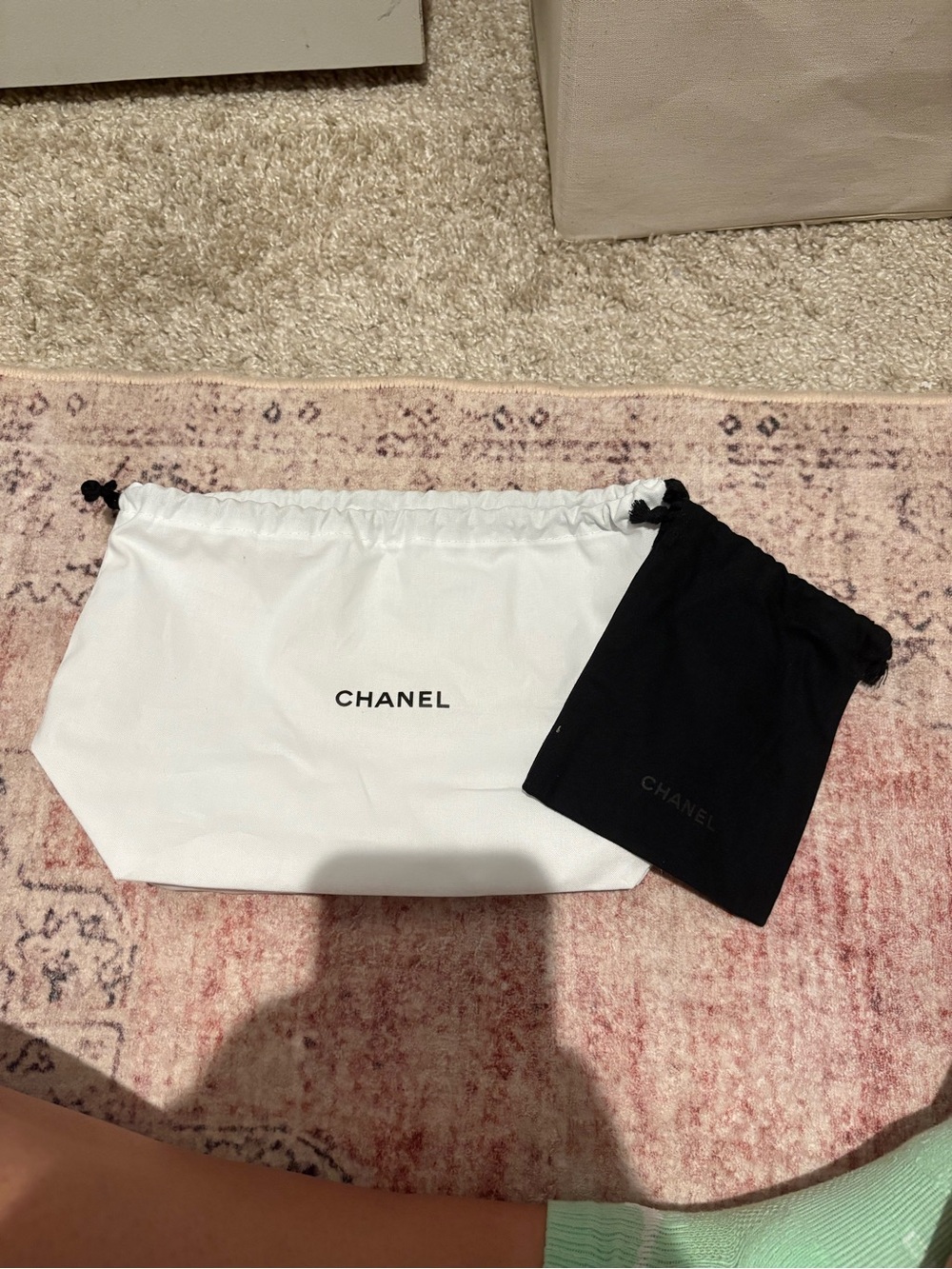 CHANEL White Drawstring Dust Bag with Black Pouch Set